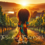 an Afrocentric female with long curly hair walking barefoot through a vineyard towards a sunset, dressed in a colorful flowing dress